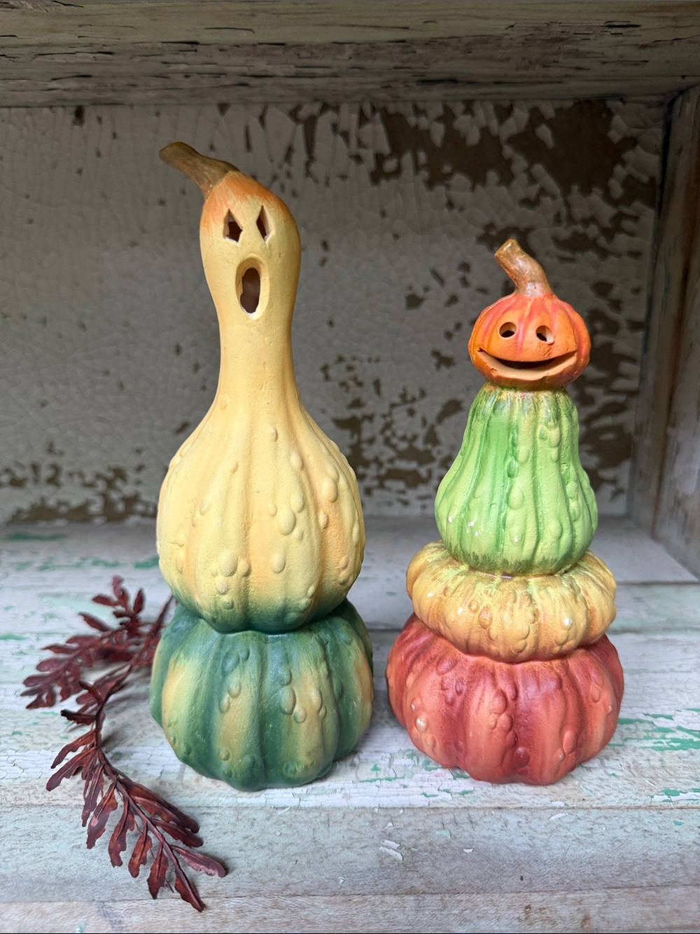 🍂 Vintage Set Ceramic Pumpkin & Gourd Stack Halloween Candle Lanterns